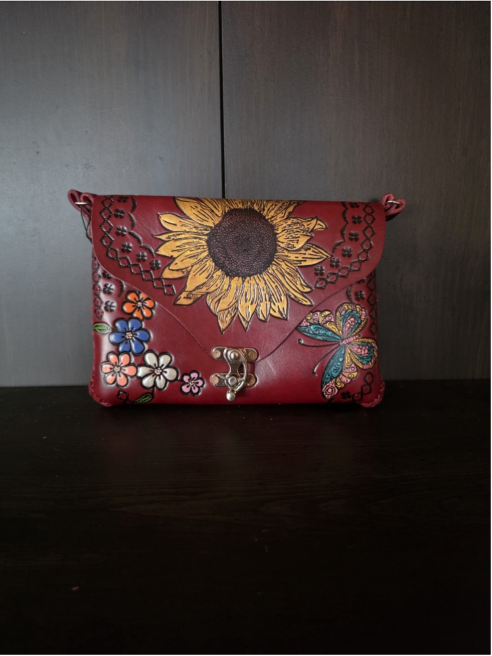Sunflower Butterfly Red Wine Embossed Tooled Artisan LEATHER Crossbody Purse Bag - Picture 8 of 16